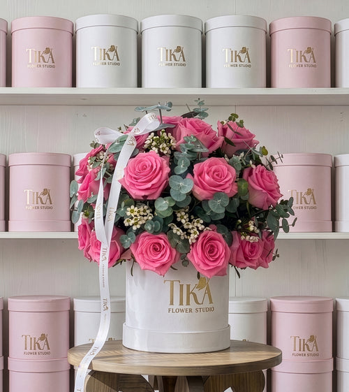 Charm Pink Roses & Eucalyptus Flower Box — Flower Box by Tika Flower Studio in Phoenix