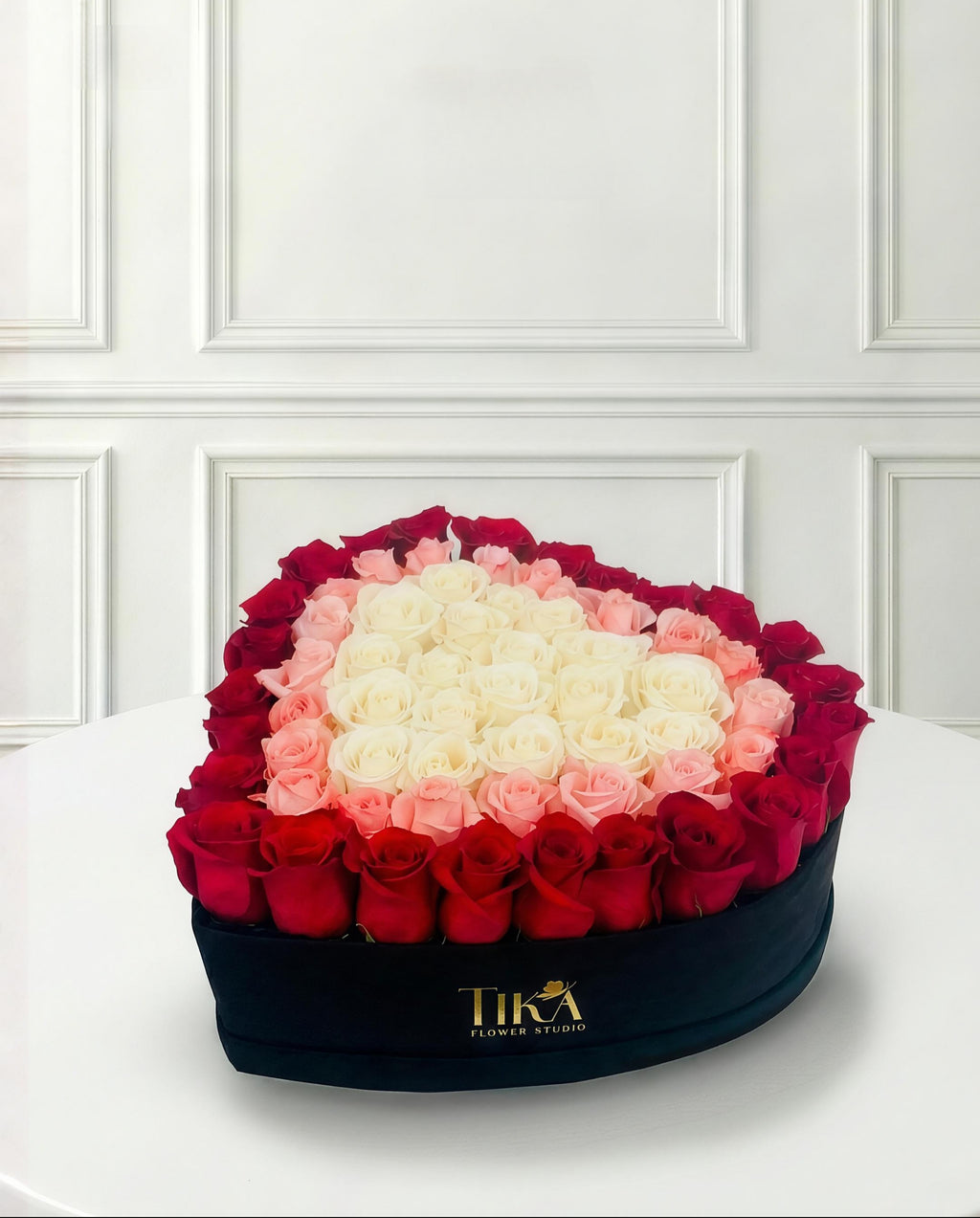 Sweet Heart Bliss heart-shaped rose box in black box – Tika Flower Studio – Phoenix AZ